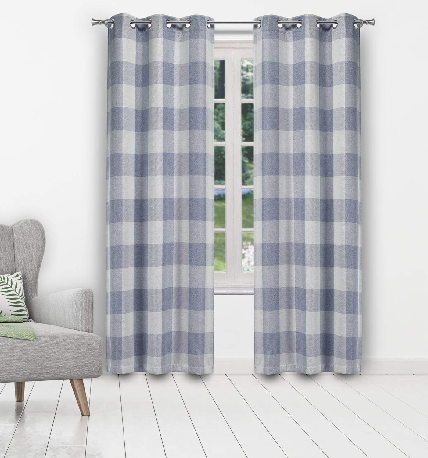 Blackout 365 Aaron Checkered Set Buffalo Plaid Blackout Bedroom-Insulated and Energy Efficient Rod Pocket Window Curtains for Living Room, 37 in X 84 in (W X L), Grey  Blackout 365 Blue 37 In X 108 In (W X L) 