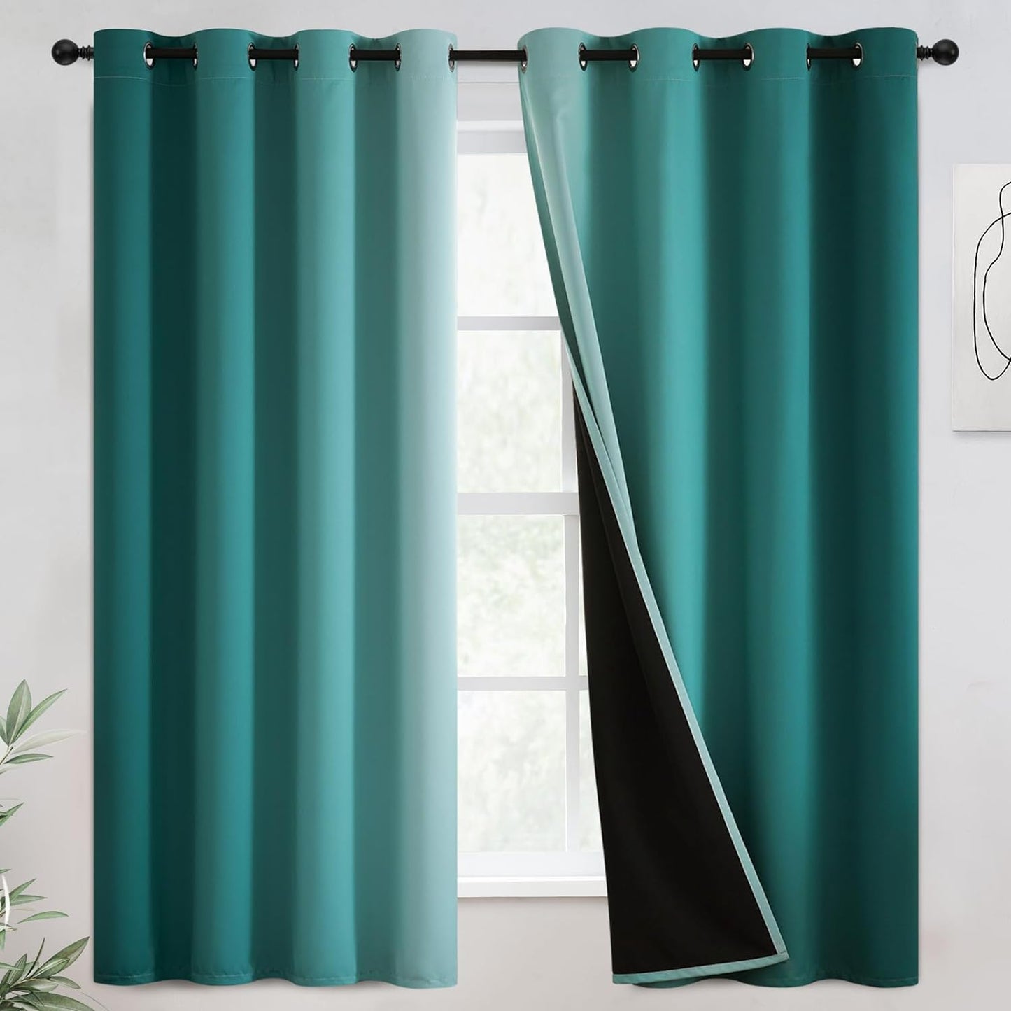 COSVIYA 100% Blackout Curtains & Drapes Ombre Purple Curtains 63 Inch Length 2 Panels,Full Room Darkening Grommet Gradient Insulated Thermal Window Curtains for Bedroom/Living Room,52X63 Inches  COSVIYA Teal To Greyish White 52W X 63L 