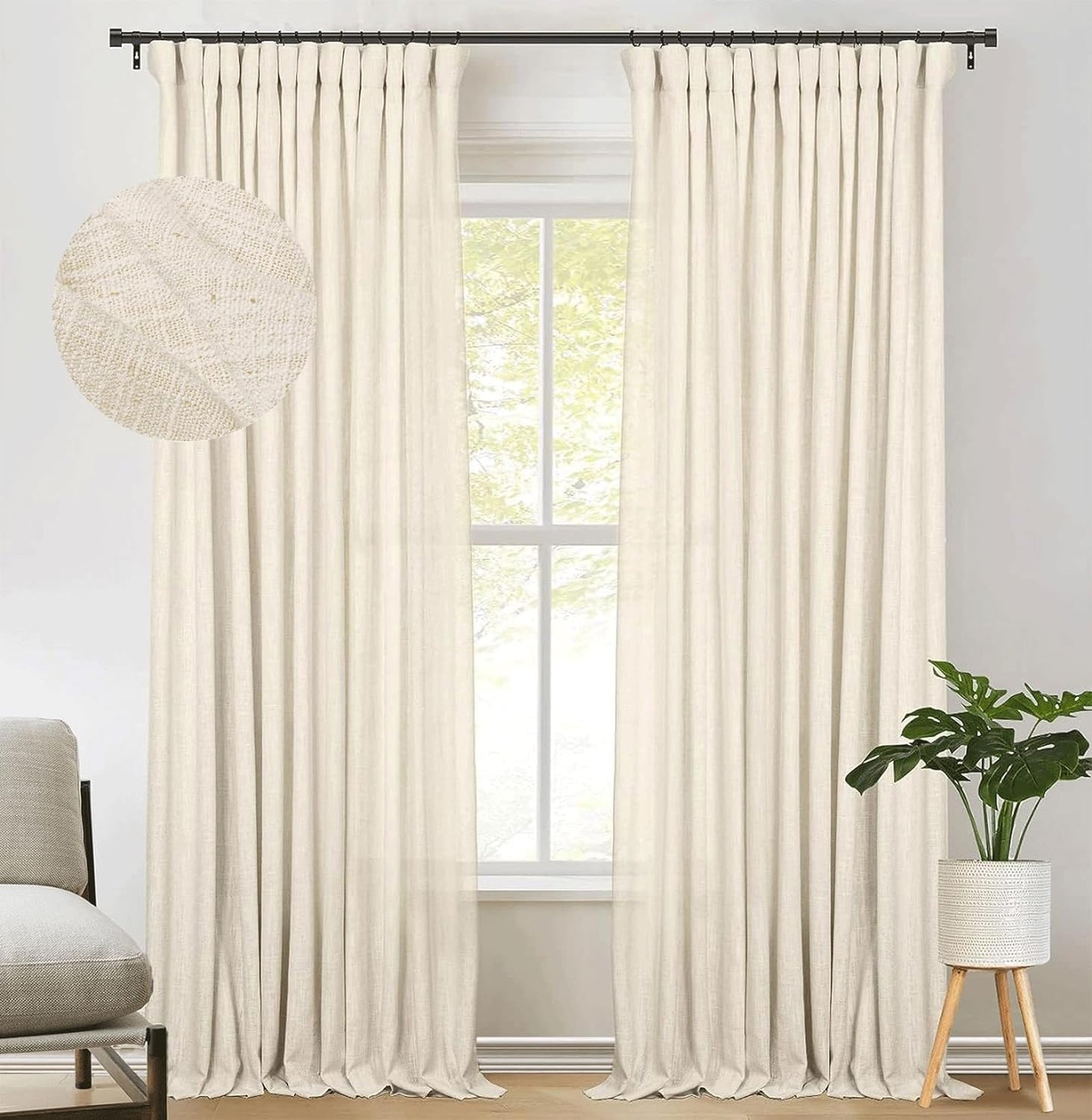 Zeerobee Beige White Linen Curtains for Living Room/Bedroom Linen Curtains 96 Inches Long 2 Panels Linen Drapes Farmhouse Pinch Pleated Curtains Light Filtering Privacy Curtains, W50 X L96  zeerobee 05 Beige 50"W X 90"L 