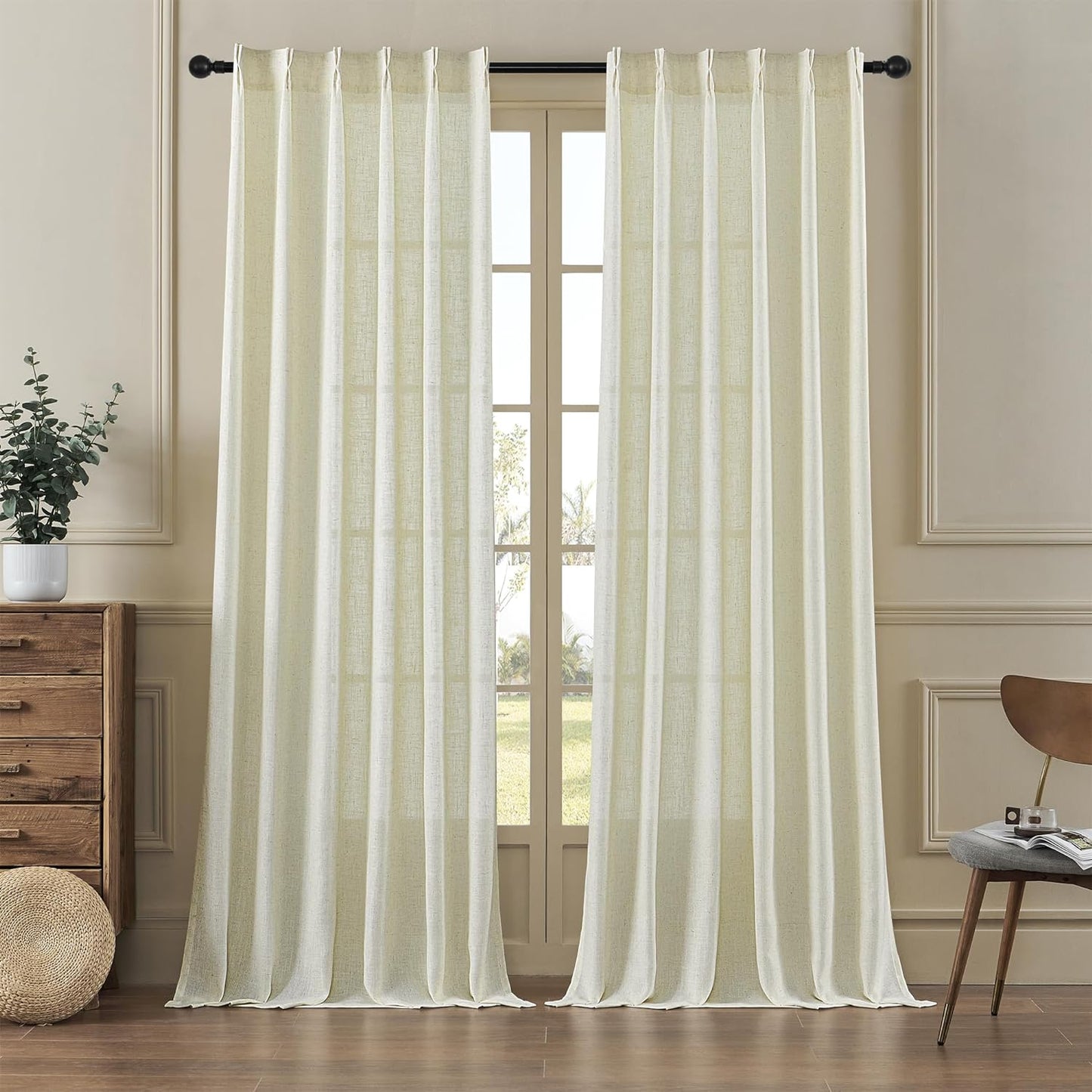 MASWOND White Pinch Pleated Curtains 90 Inches Long 2 Panels for Living Room Semi Sheer Linen Curtains Pinch Pleat Drapes for Traverse Rod Light Filtering Curtains for Dining Bedroom W38Xl90 Length  MASWOND Linen 38X90 