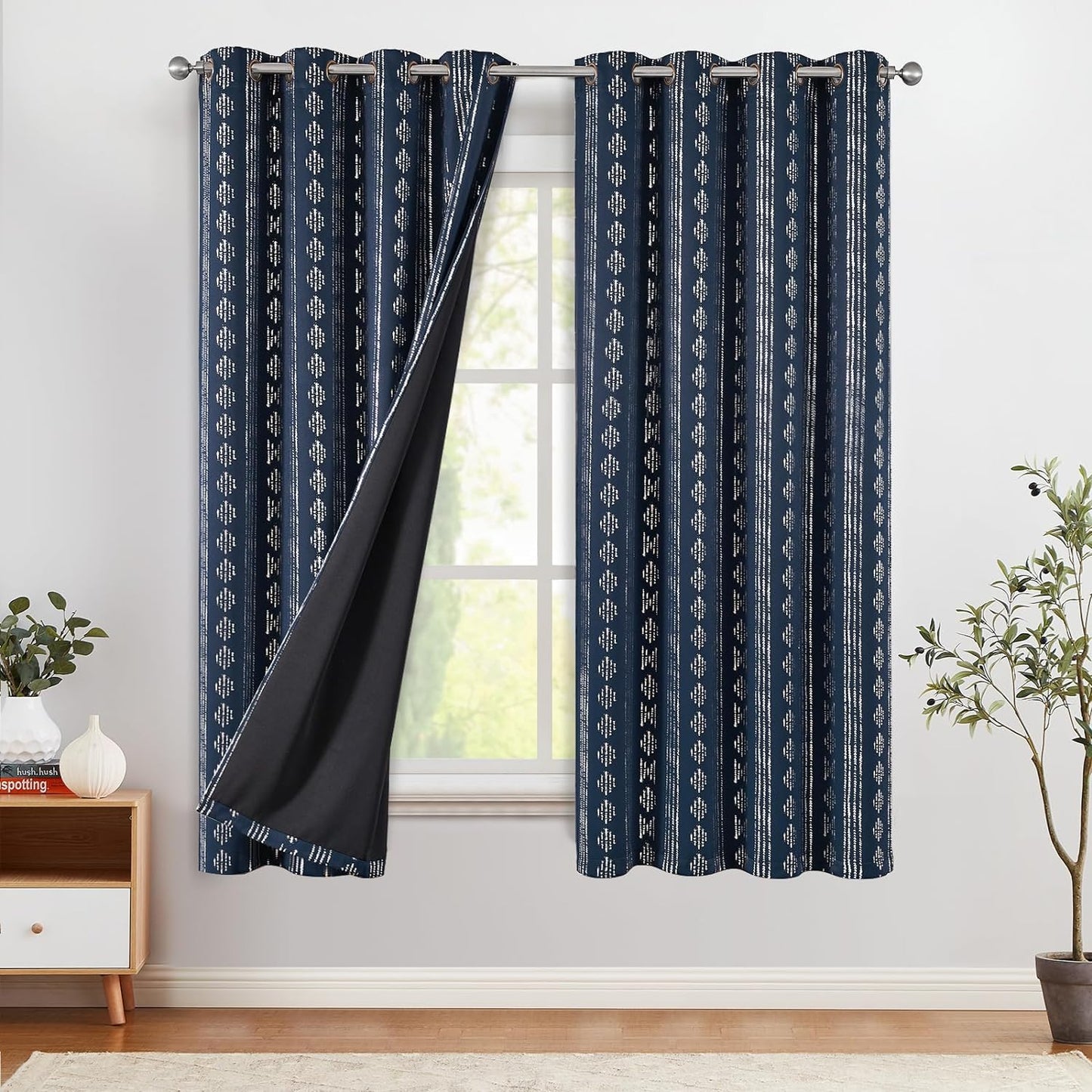 COLLACT 100% Boho Blackout Curtains for Bedroom 84 Inch Length Black on Beige Geometric Stripe Pattern Curtains for Living Room Thermal Insulated Room Darkening Drapes Grommet Window Curtains 2 Panels  COLLACT A3 | Silver Foil On Blue W52 X L63 