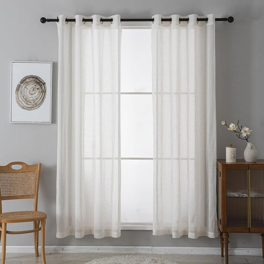 INILINAS 52 X 84 Inch Line Sheer Curtains - Linen Blend Privacy Sheer Curtains Window Treatment Drapes Farmhouse Decor for Bedroom Living Room Sliding Glass Door, Set of 2