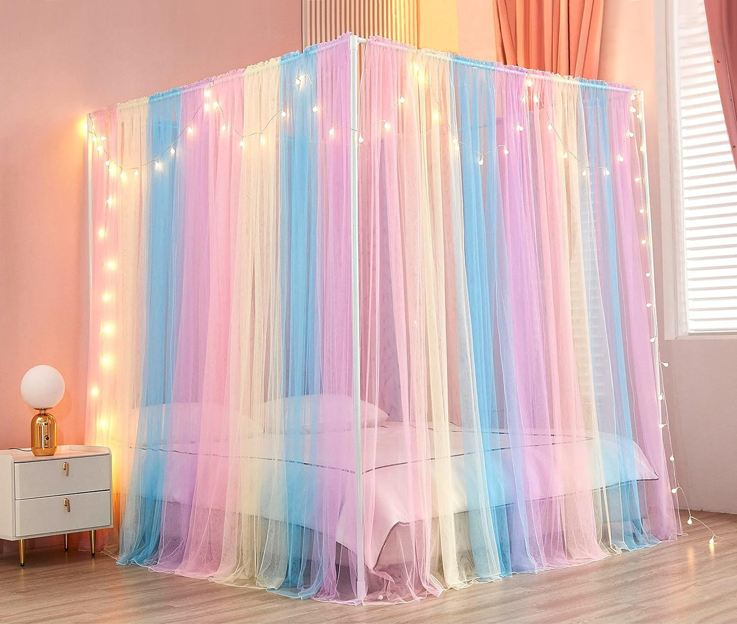 Akiky Princess Canopy Bed Curtains Bed Canopy Curtains with Lights for Queen Size Bed Drapes,8 Panels Canopies with 2 Lights,Room Décor (Full/Queen, White)  Akiky Rainbow King 