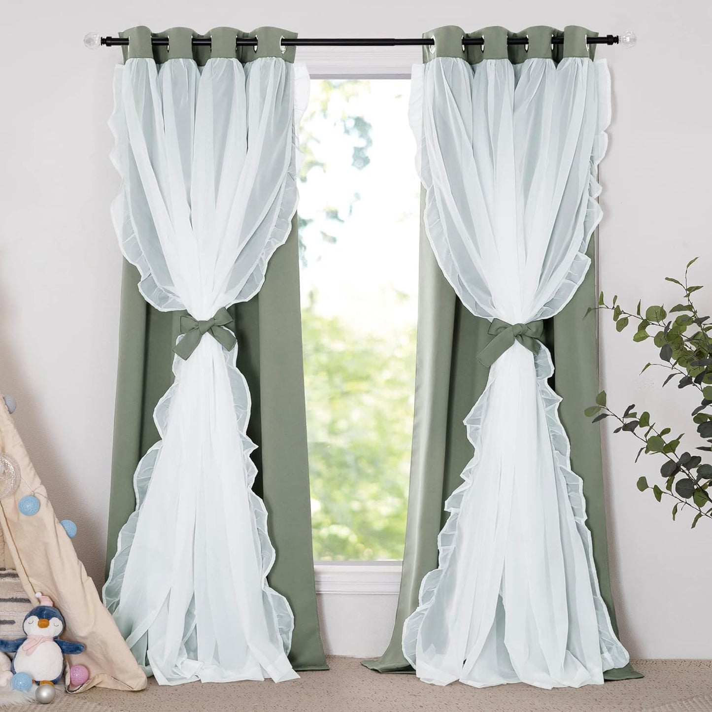 PONY DANCE Blackout Curtains for Living Room Decor Window Treatment Double Layer Drapes Ruffle Sheer Overlay Farmhouse Rustic Design, W 52 X L 84 Inches, Sage Green, 2 Panels  PONY DANCE Sage Green 52" X 95" 