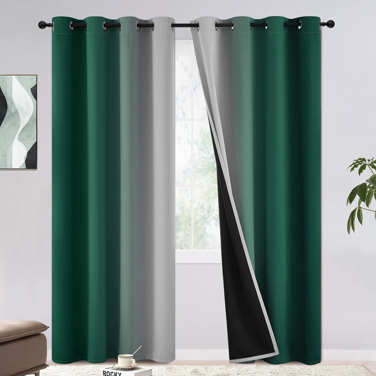 COSVIYA 100% Blackout Curtains & Drapes Ombre Purple Curtains 63 Inch Length 2 Panels,Full Room Darkening Grommet Gradient Insulated Thermal Window Curtains for Bedroom/Living Room,52X63 Inches  COSVIYA Green To Greyish White 52W X 84L 