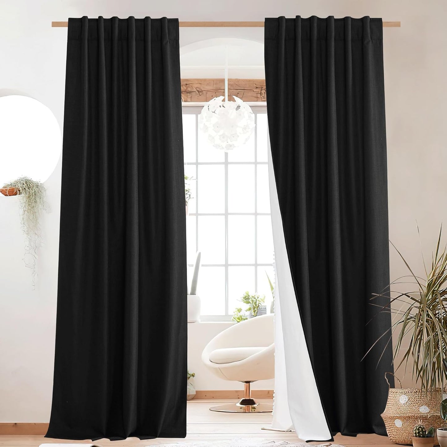 NICETOWN 100% Blackout Linen Curtains for Living Room with Thermal Insulated White Liner, Ivory, 52" Wide, 2 Panels, 84" Long Drapes, Back Tab Retro Linen Curtains Vertical Drapes Privacy for Bedroom  NICETOWN Black W52 X L84 