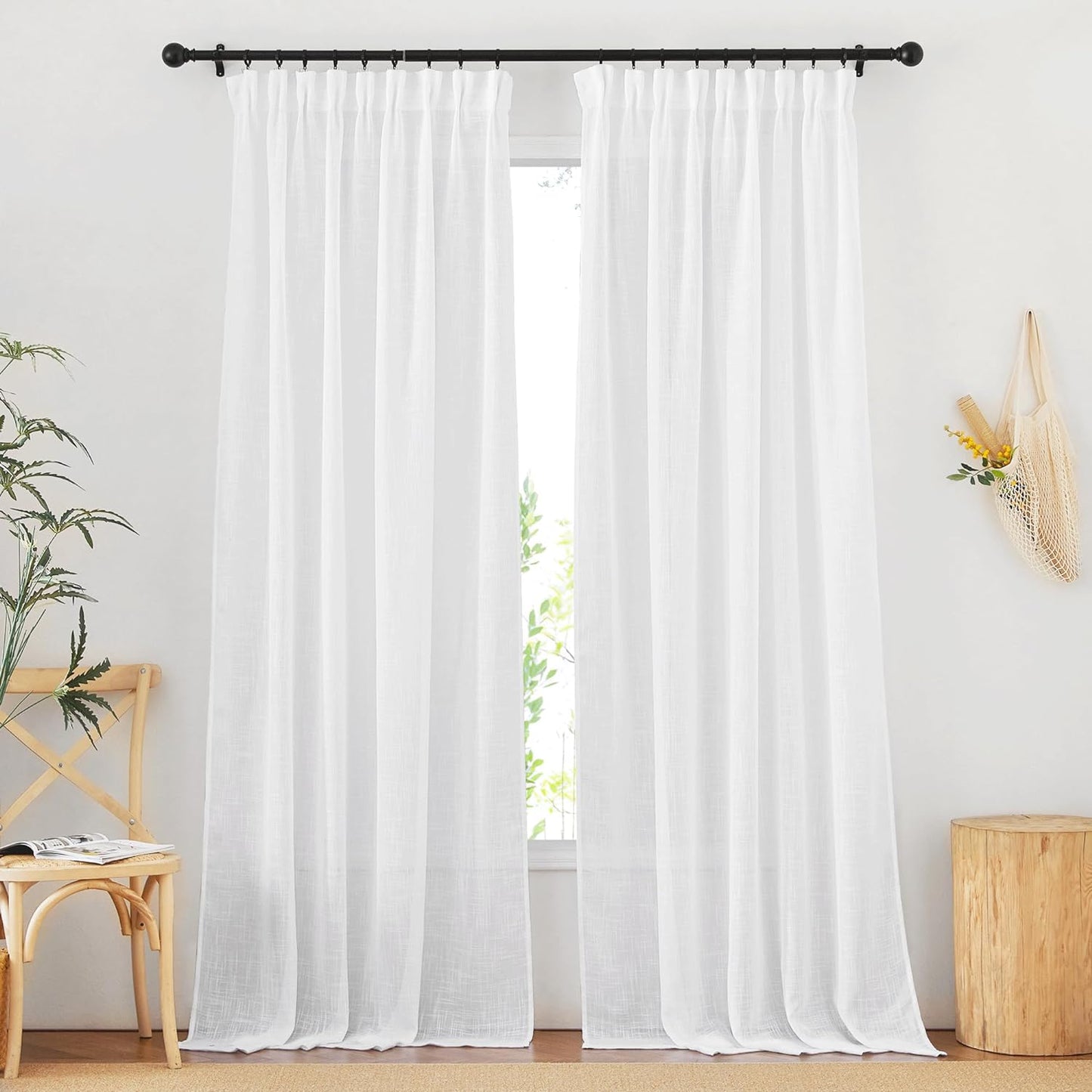 NICETOWN White Curtains Sheer - Semi Sheer Window Covering, Light & Airy Privacy Rod Pocket Back Tab Pinche Pleated Drapes for Bedroom Living Room Patio Glass Door, 52 X 63 Inches Long, Set of 2  NICETOWN White W52 X L95 