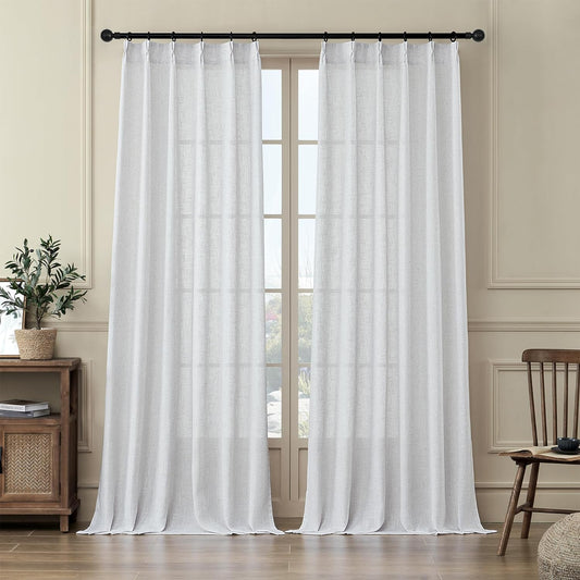 MASWOND White Pinch Pleated Curtains 90 Inches Long 2 Panels for Living Room Semi Sheer Linen Curtains Pinch Pleat Drapes for Traverse Rod Light Filtering Curtains for Dining Bedroom W38Xl90 Length  MASWOND White 38X108 