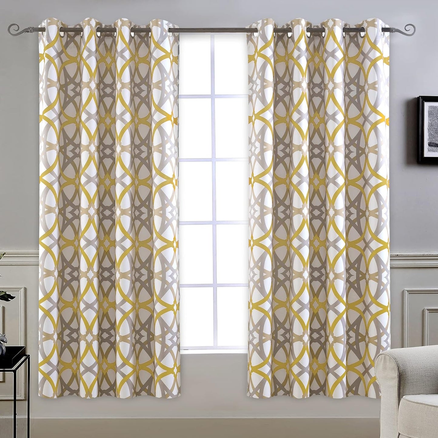 Driftaway Alexander Thermal Blackout Grommet Unlined Window Curtains Spiral Geo Trellis Pattern Set of 2 Panels Each Size 52 Inch by 84 Inch Red and Gray  DriftAway Golden Yellow/Gray 52"X63" 
