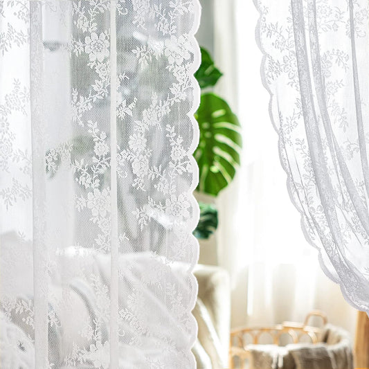 MIULEE White Lace Curtains 84 Inches Long for Living Room Bedroom, Scalloped Sheer Curtains Rose Floral Embroidered Farmhouse Window Drapes Vintage European Tulle Retro Style, Rod Pocket, 2 Panels Set  MIULEE White 58 W X 84 L 