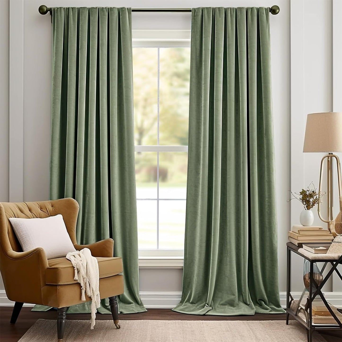 Jinchan Velvet Blackout Curtain for Living Room, Thermal Insulated Luxury Drape for Bedroom 96 Inch Long, Stylish Soft Privacy Room Darkening Window Treatment Rod Pocket 1 Panel, Emerald Green  CKNY HOME FASHION Grommet | Sage Green W52 X L84 