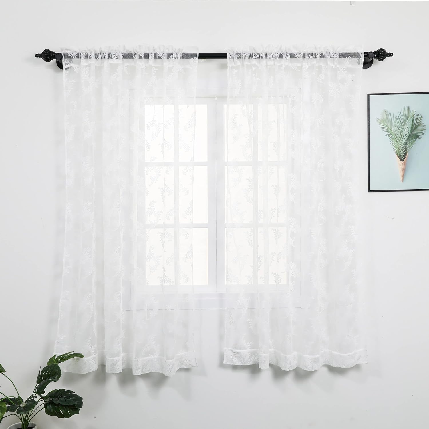 Rloncomix White Sheer Curtains Decorative Leaves Knitted Textured Rod Pocket Semi Light Filtering Airy Window Drapes for Bedroom Kitchen, 52 X 63 Inch, 2 Panels  BAIHT HOME   