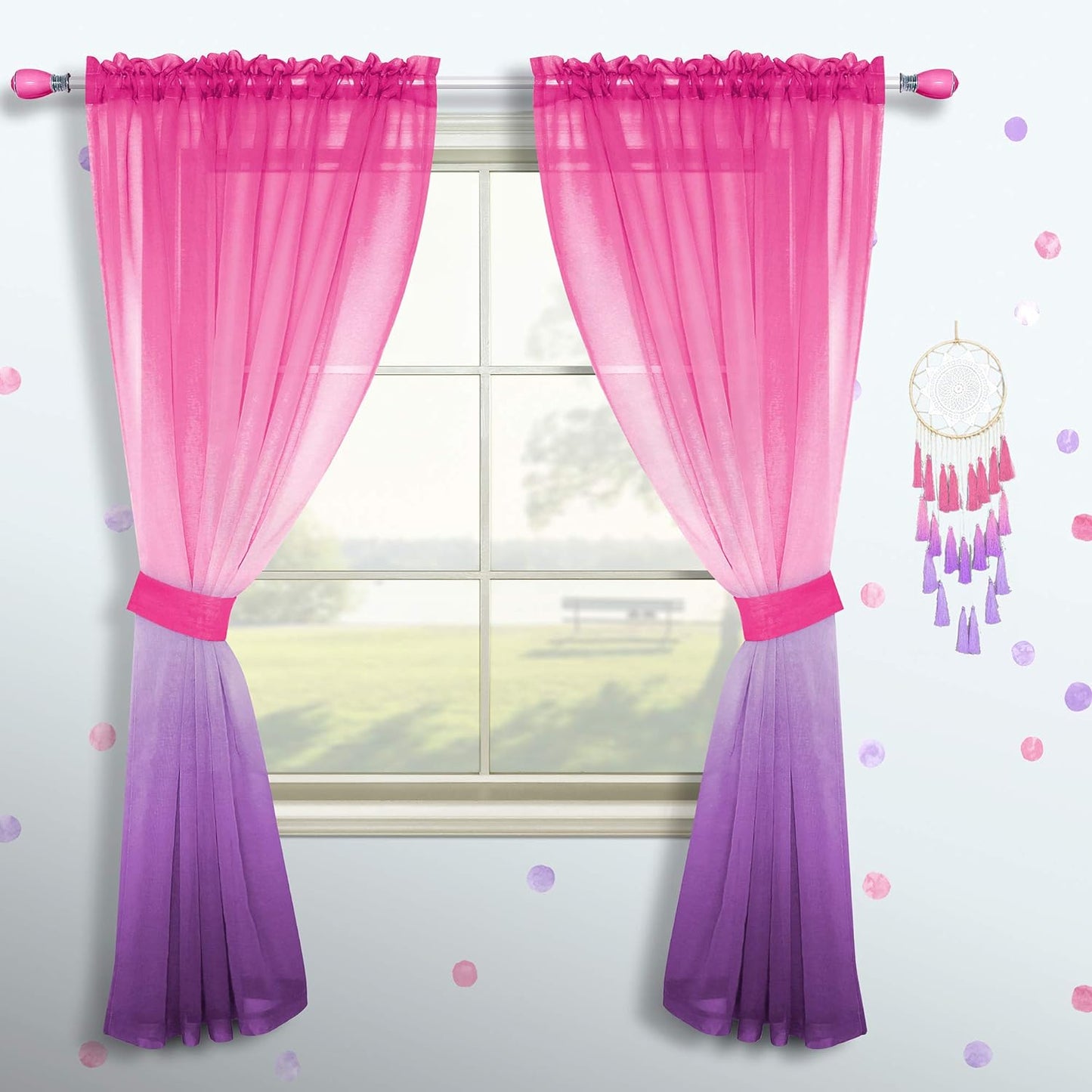 Pink and Purple Curtains for Girls Bedroom Decor Set 1 Single Panel Pocket Window Voile Pastel Sheer Ombre Rainbow Curtain for Kid Room Decoration Teen Princess 63 Inch Length Gradient Lilac Lavender  MRS.NATURALL TEXTILE Pink And Purple 52X84 