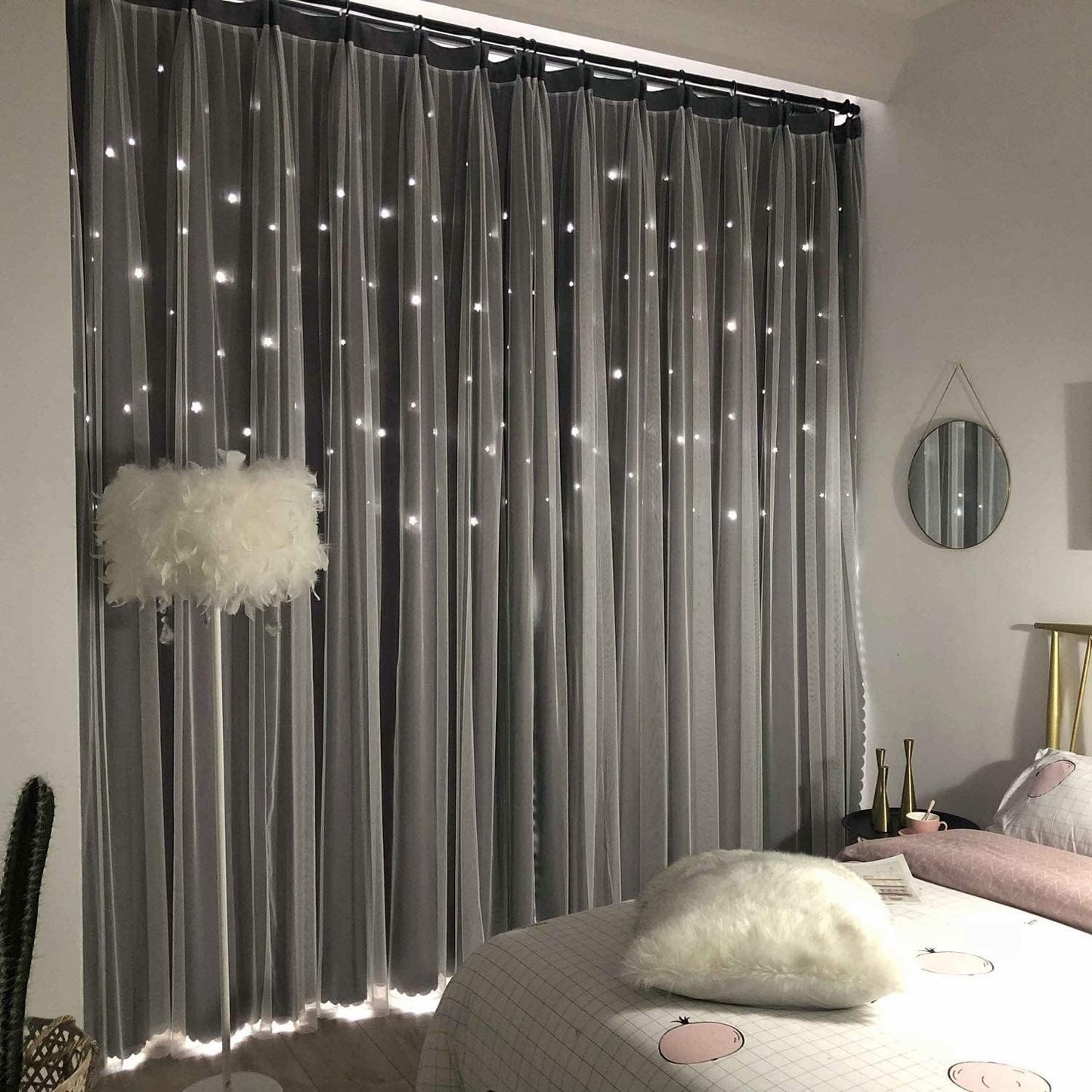 UNISTAR 2 Panels Stars Blackout Curtains for Bedroom Girls Kids Baby Window Decoration Double Layer Star Cut Out Aesthetic Living Room Decor Wall Home Curtain,W52 X L63 Inches,Pink  UNISTAR 2Panels 丨Double-Layer,Grey 63.00" X 42.00" 