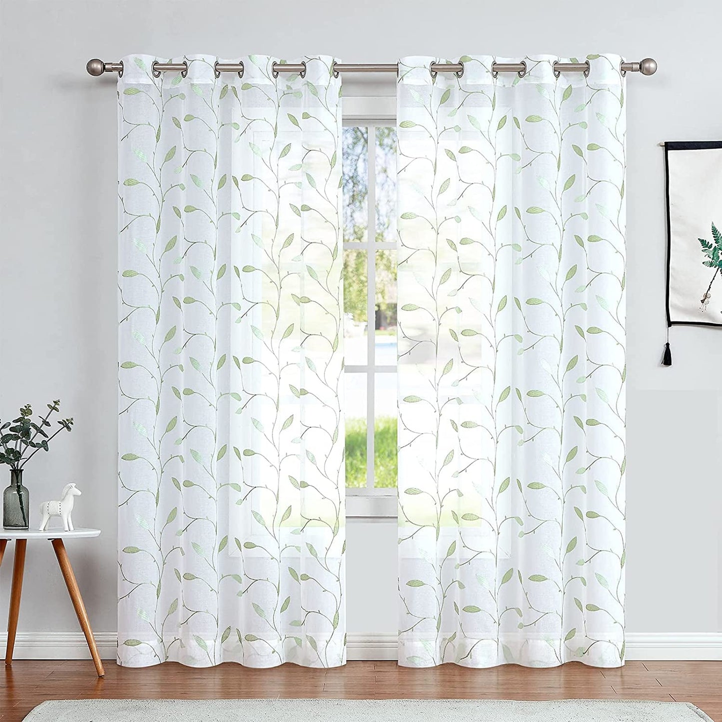 Lazzzy Sheer Curtains Embroidered Floral Leaf Voile Drapes for Bedroom Living Room Grommet Top Window Treatments 2 Panels 84 Inches Green on White