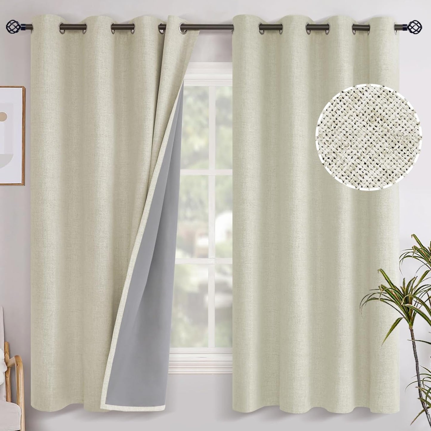 Youngstex Linen Blackout Curtains 63 Inch Length, Grommet Darkening Bedroom Curtains Burlap Linen Window Drapes Thermal Insulated for Basement Summer Heat, 2 Panels, 52 X 63 Inch, Beige  YoungsTex Cream 52W X 63L 