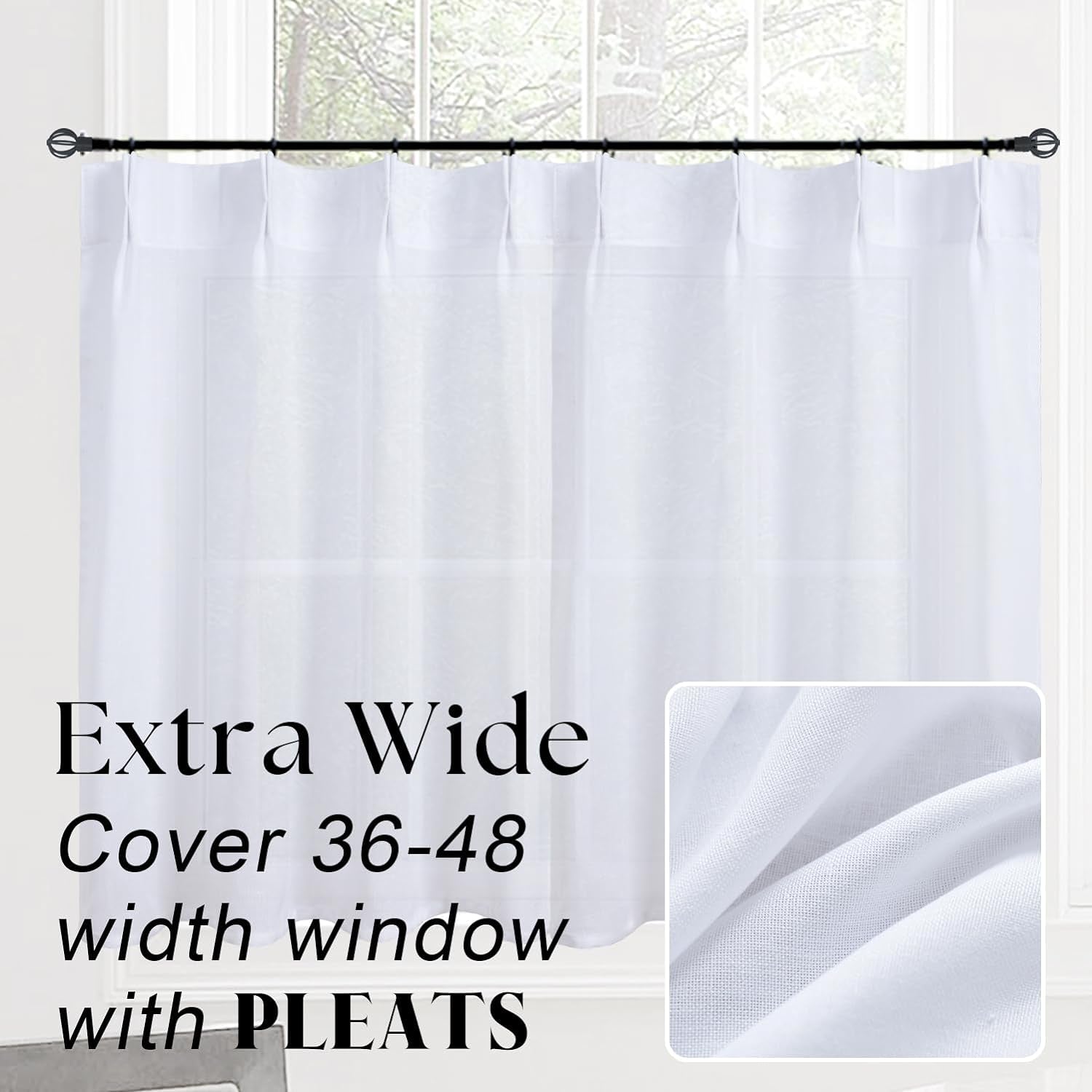 Short Curtains for Windows,Semi Sheer White Linen Cotton Privacy Light Filtering Cafe Length Small Pinch Pleated Curtains for Living Room Bathroom with Hooks,24 X 24 Inch Long  Lino Rosa   