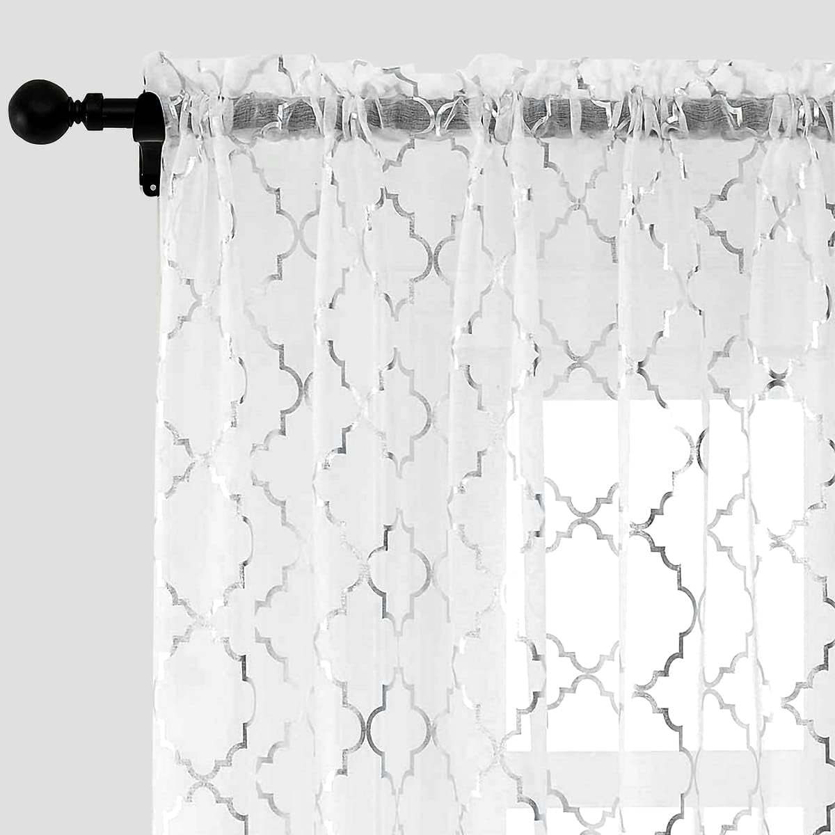 Kotile Silver Grey Sheer Curtains 96 Inch - Metallic Silver Foil Moroccan Tile Printed Rod Pocket Privacy Light Filtering Curtains for Living Room, 52 X 96 Inches, 2 Panels, Grey and Silver  Kotile Textile .White And Silver W52" X L108" 