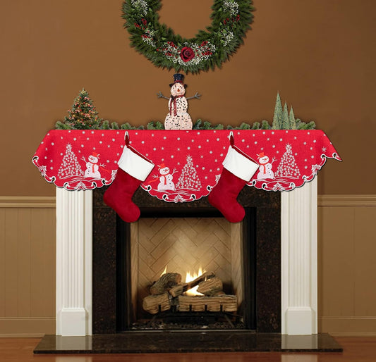 Embroidered Christmas Beautifully Elegant Silver Star Topped Trees and Snowman on Red Linen Fireplace Mantel Scarf Large Window Valance Mantel Decor (18Wx88L)