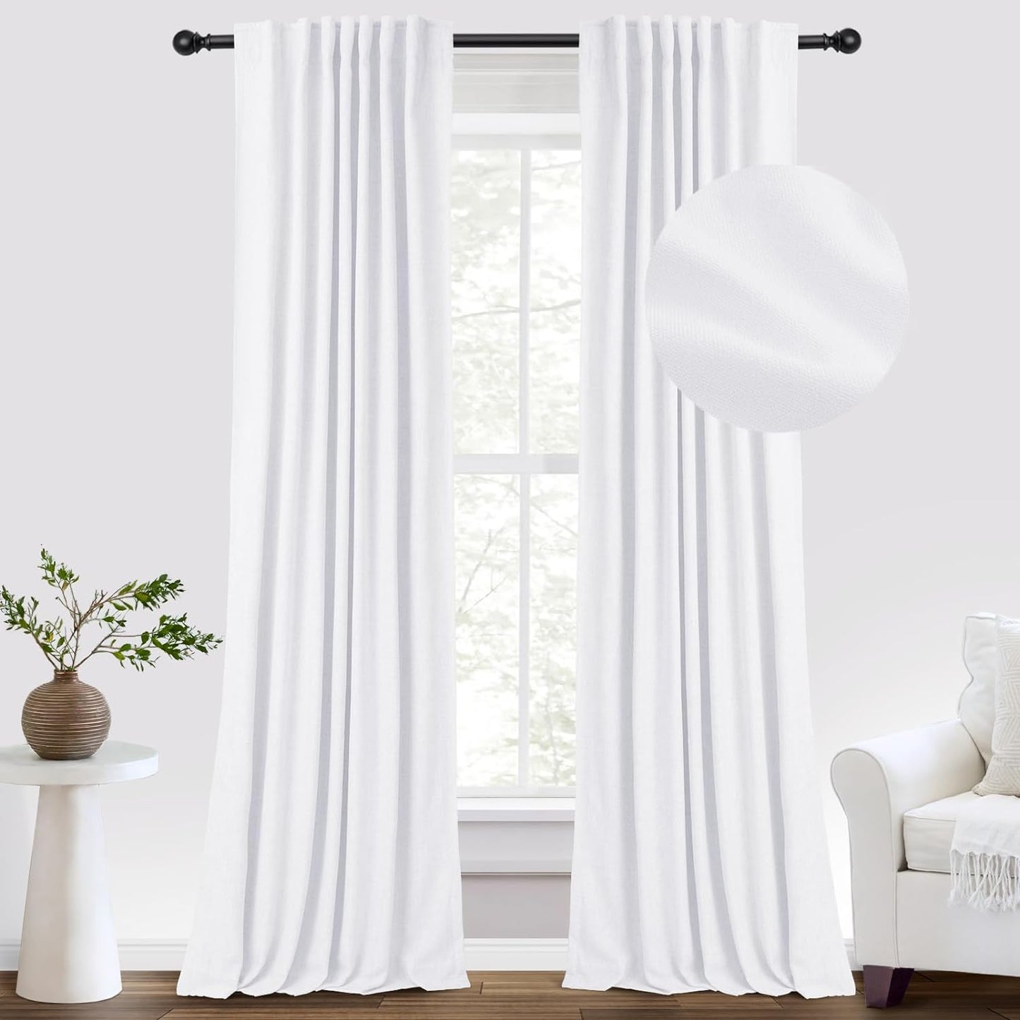INOVADAY 100% Blackout Curtains 96 Inches Long 2 Panels Set, Thermal Insulated Linen Blackout Curtains for Bedroom, Back Tab/Rod Pocket Curtains & Drapes for Living Room - Beige, W50 X L96  INOVADAY 03 Bright White 50''W X 90''L 