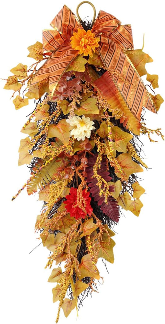 Fall Harvest Teardrop Swag, 23.6Inch Artificial Carnation Flower Swag with Maple Leaves, Bowknot, Artificial Fall Maple Swag Front Door Teardrop Wreath for Thanksgiving Halloween Decor