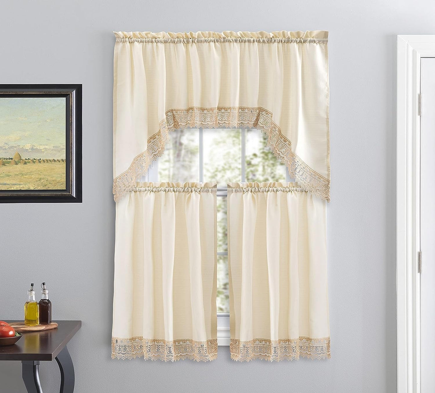 American Linen Café Curtains for Kitchen, Bathroom Curtains with Valance, Embroidered Lace Border. (White)