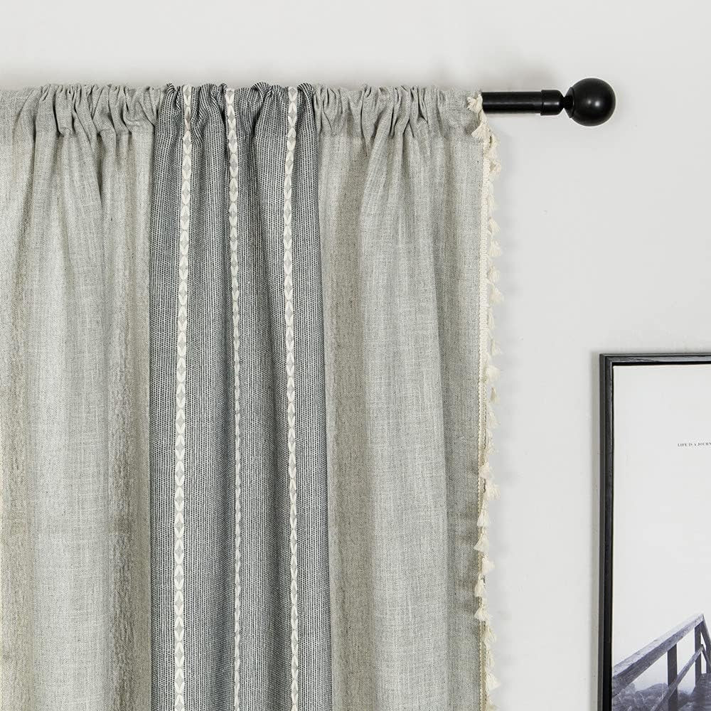 Amidoudou 1 Pair Cotton Linen Boho Curtains with Tassel, Farmhouse Curtains for Bedroom Living Room (Beige and Coffee, 2 X 54 X 96 Inch)  Amidoudou Light Gray And Gray 2 X 54" X 63" 