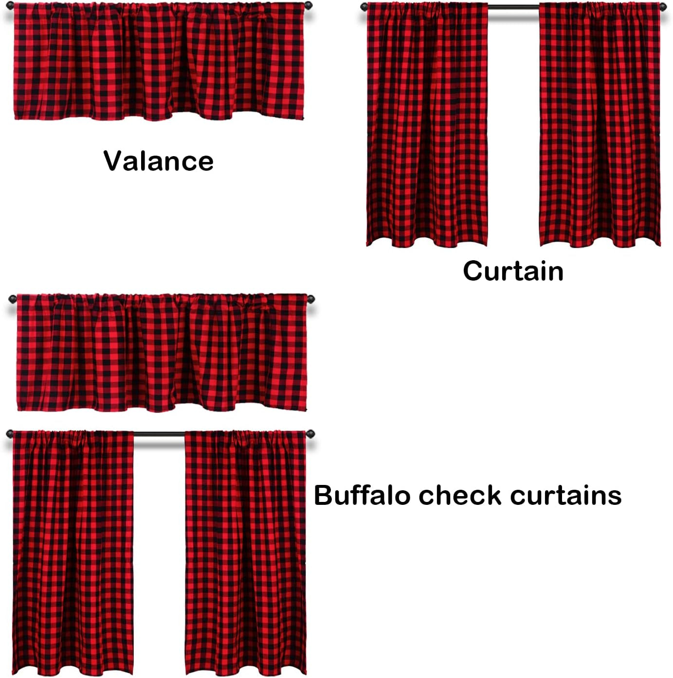 Valance Curtain Set, 3PCS Cotton Buffalo Plaid, Farmhouse Kitchen Curtains, 58Wx15L, 29Wx36L  HTFD   