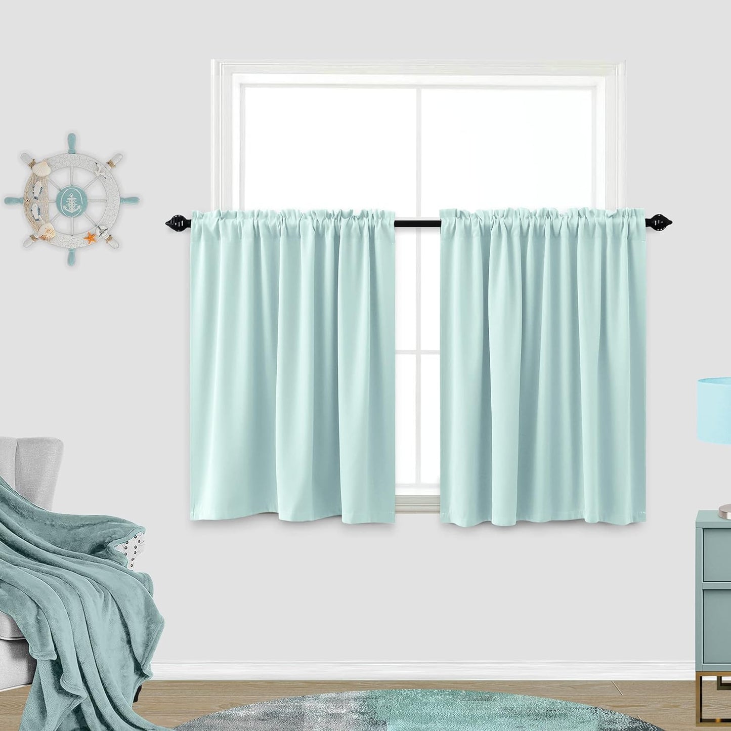 KOUFALL Sage Green Curtains 24 Inch Length for Bathroom Window 2 Pack Rod Pocket Room Darkening Cafe Curtain Tiers Blackout Light Green Short Curtains for Small Windows 34 by 24 in Long  KOUFALL TEXTILE Aqua 34X24 