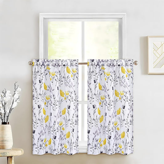 Likiyol Floral Kithchen Curtains 36 Inch Watercolor Flower Leaves Tier Curtains, Yellow and Gray Floral Cafe Curtains, Rod Pocket Small Window Curtain for Cafe Bathroom Bedroom Drapes  Likiyol Yellow 36"L X 26"W 