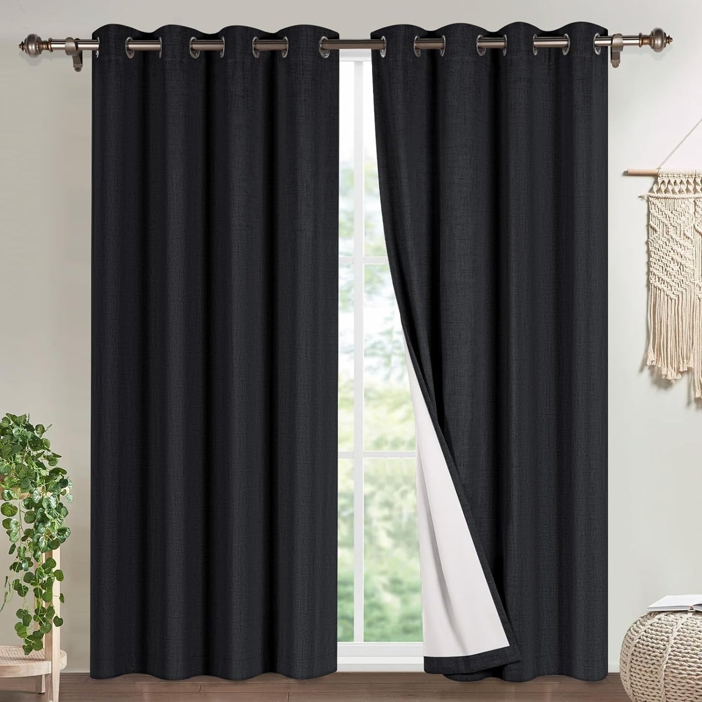 Timeles 100% Blackout Window Curtains 84 Inch Length for Living Room Textured Linen Curtains Sliver Grommet Pinch Pleated Room Darkening Curtain with White Liner/Ties(2 Panel W52 X L84, Ivory)  Timeles Black W52" X L96" 