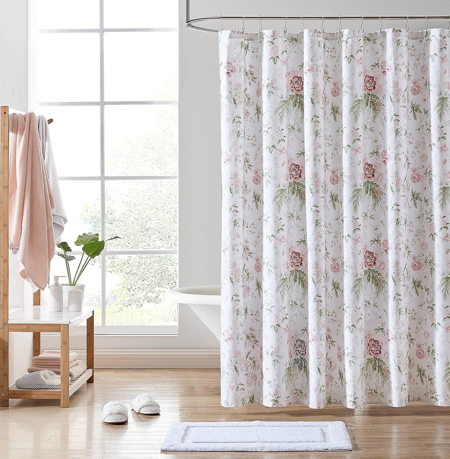 Laura Ashley Home - Shower Curtain, Stylish Cotton Bathroom Decor, Elegant Floral Home Decor (Elise Blue, 72" X 72")