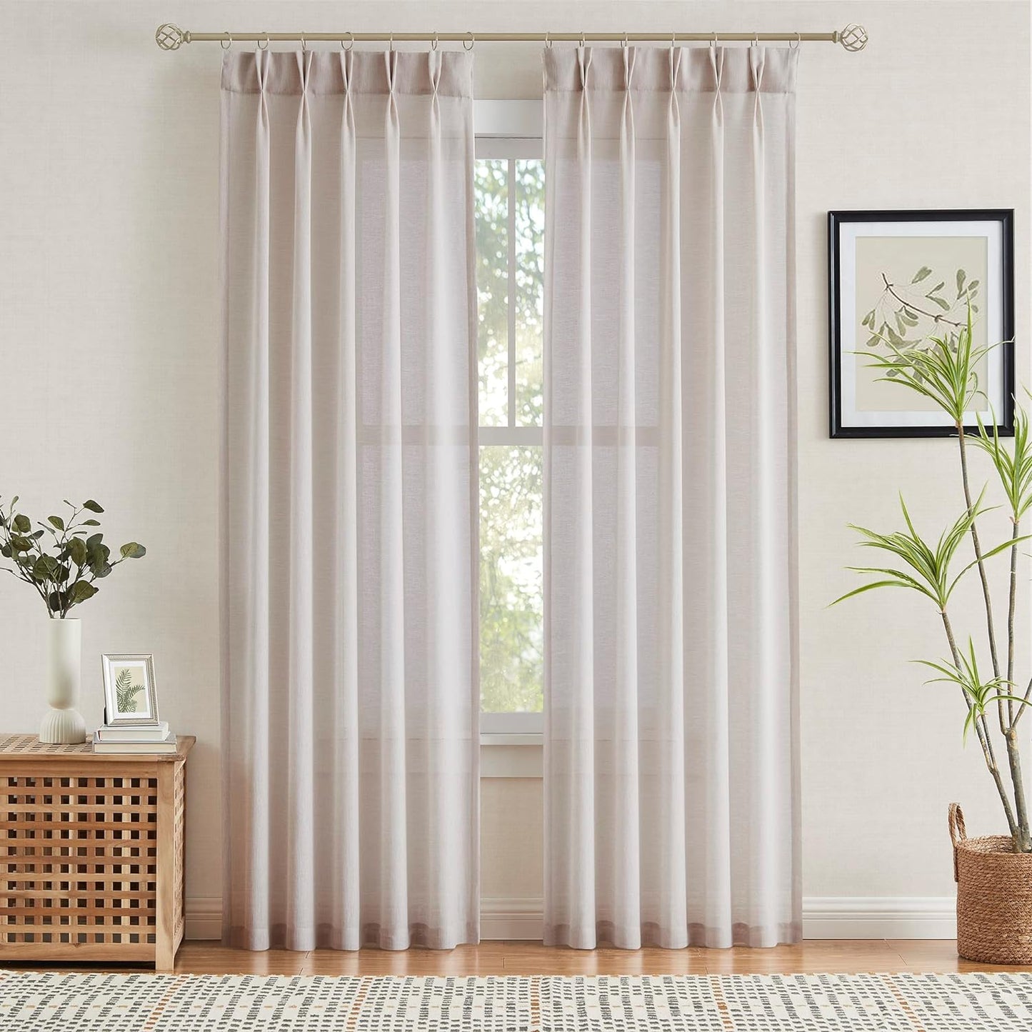 Enactex Linen Textured Pinch Pleat 25 X 84 Inch Semi Sheer Back Tab Curtains Light Filtering Drapes for Living Room Farmhouse Privacy Protect Window Treatments for Bedroom Patio Door 2 Panels, Tan  Enactex Natural 25"X84"X2 