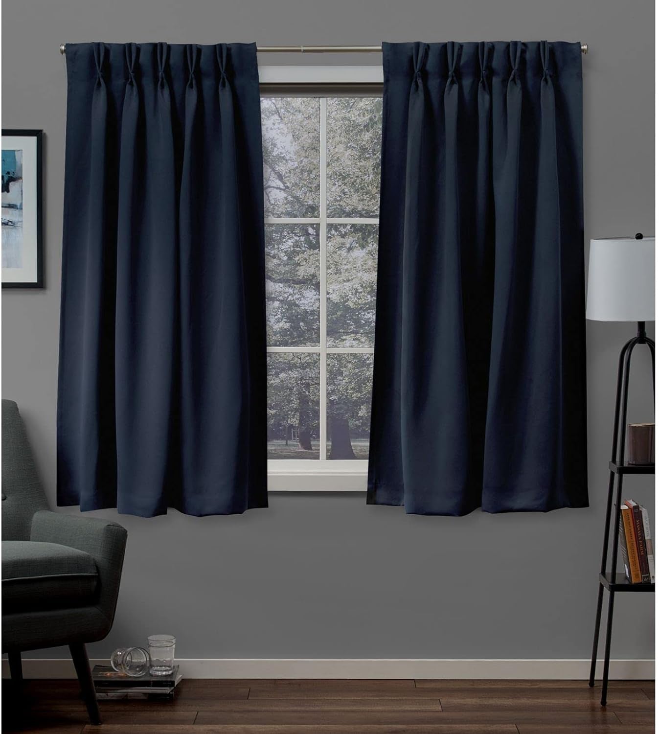 Exclusive Home Sateen Twill Woven Room Darkening Blackout Pinch Pleat/Hidden Tab Top Curtain Panel Pair, 63" Length, Charcoal  Exclusive Home Curtains Peacoat Blue 63" Length 