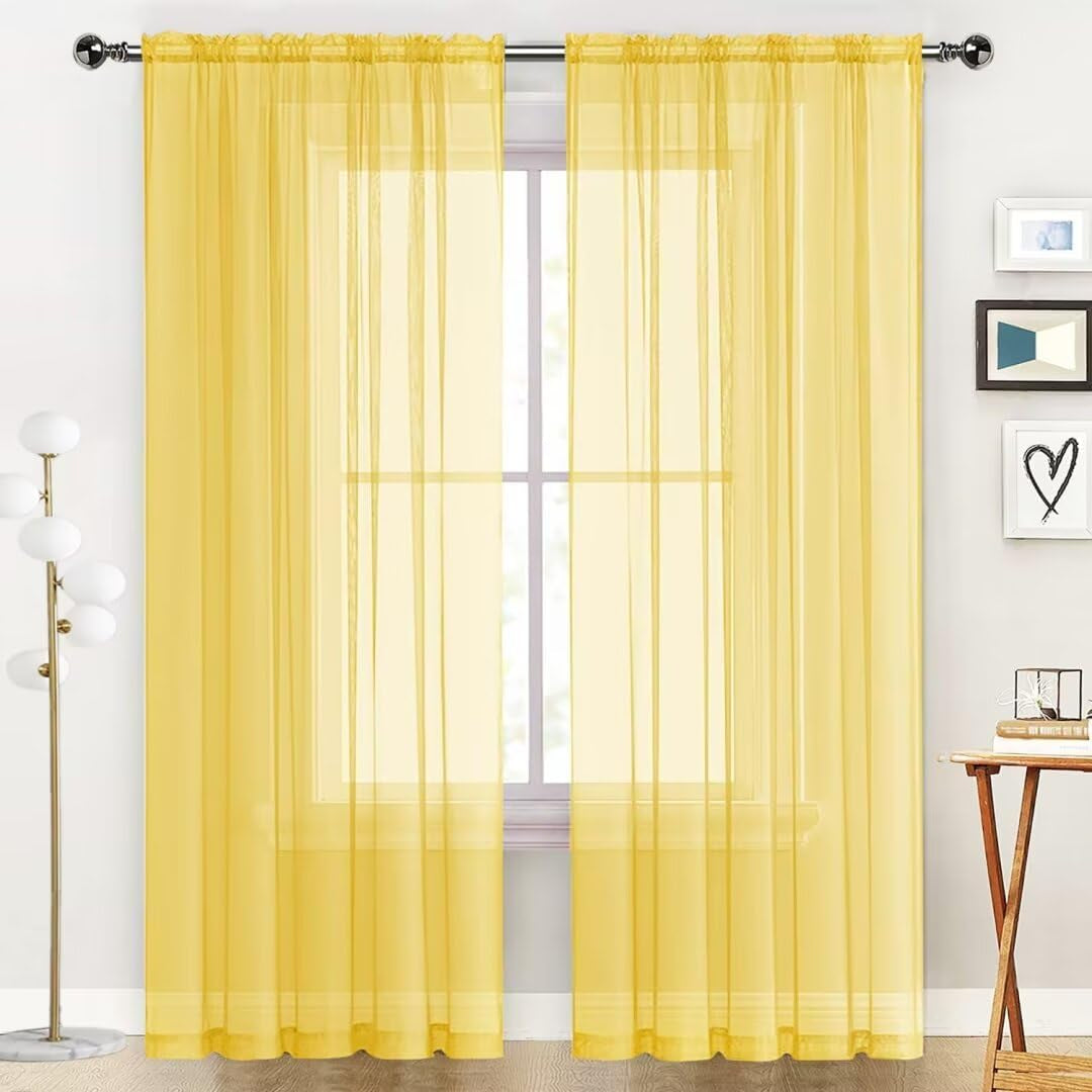 Spacedresser Basic Rod Pocket Sheer Voile Window Curtain Panels White 1 Pair 2 Panels 52 Width 84 Inch Long for Kitchen Bedroom Children Living Room Yard(White,52 W X 84 L)  Lucky Home Yellow 52 W X 84 L 