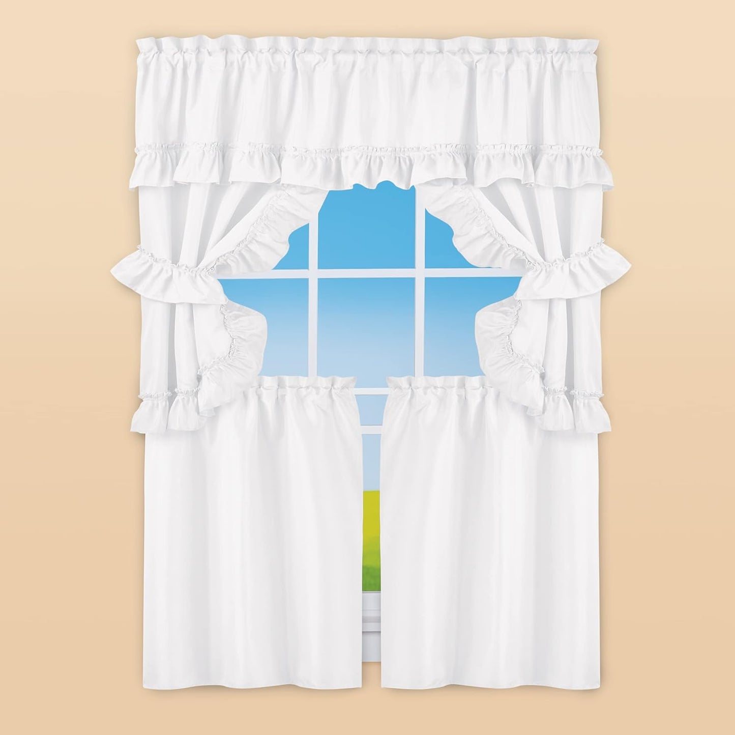 Collections Etc 5-Piece Ruffled Trim Tiers & Panels Window Curtain Set  Winston Brands   