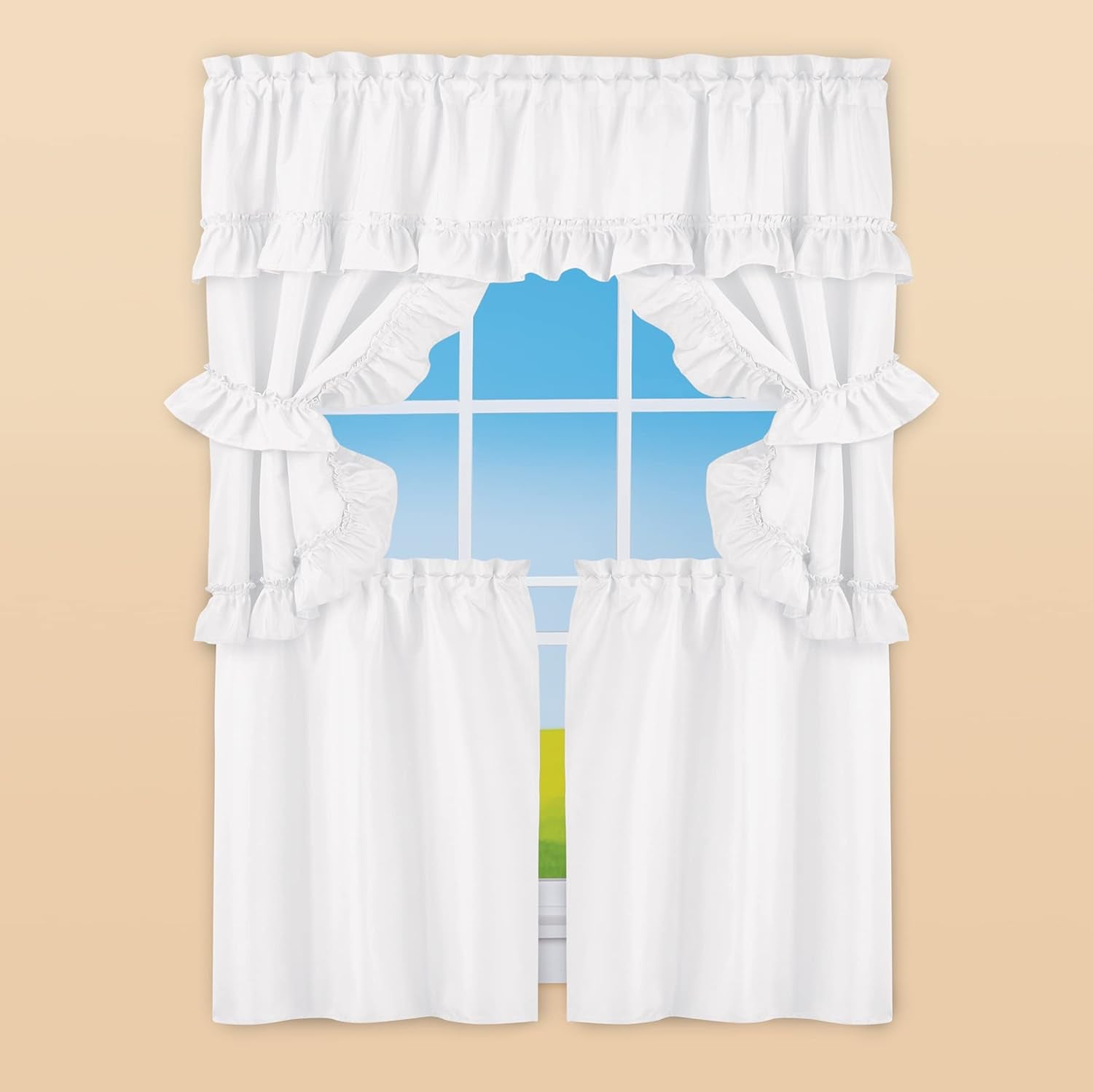 Collections Etc 5-Piece Ruffled Trim Tiers & Panels Window Curtain Set  Winston Brands   