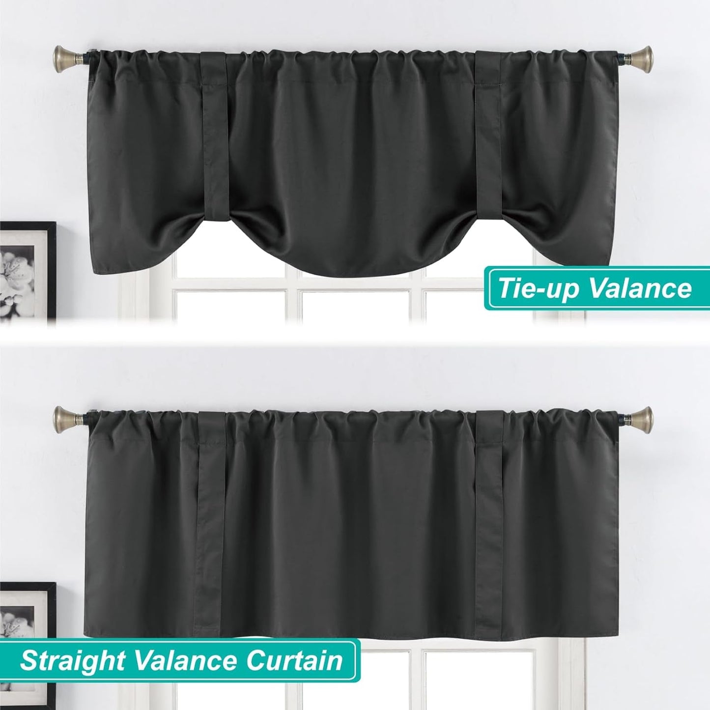 Home Queen Blackout Tie up Curtain Valance, Bathroom Window Valence for Kitchen Bedroom,Straight and Wave Shape Available, 54 X 20 Inches, Black
