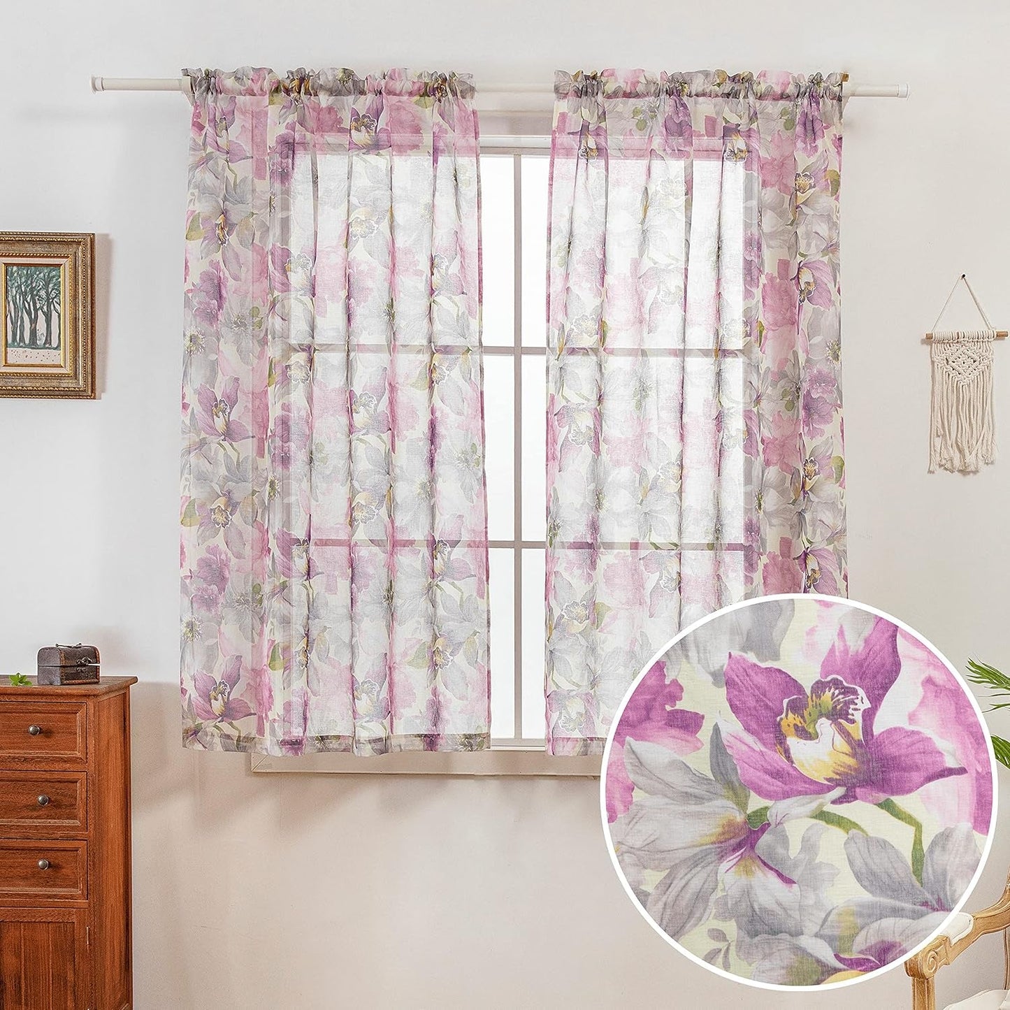 Floral Sheer Curtains 63 Inch Length Purple Flower Printed French Country Semi Sheer Curtain for Girls Bedroom Living Room Linen Look Blossom Patterned Rod Pocket Voile Drapes 2 Panels