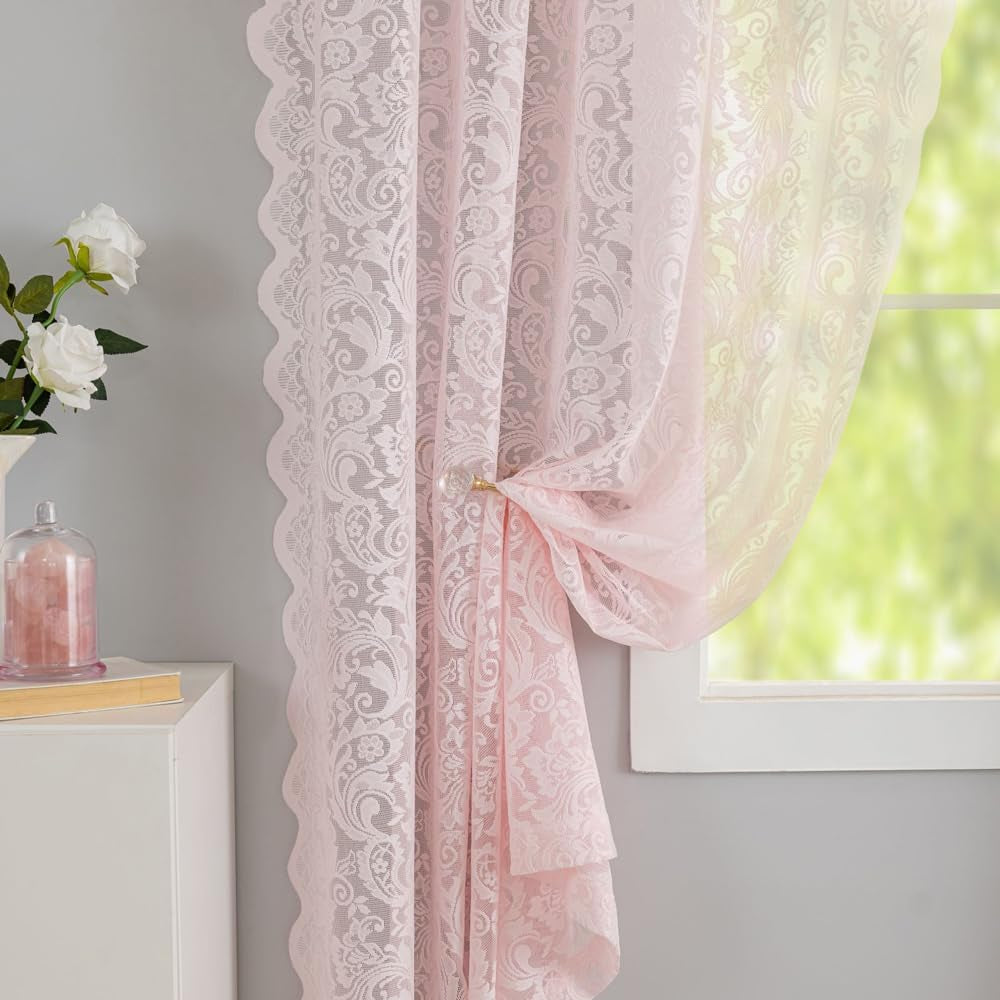 ALIGOGO White Lace Curtains 84 Inches Long-Vintage Floral Luxury Lace Sheer Curtains for Living Room 2 Panels Rod Pocket 52 W X 84 L Inch,White  ALIGOGO Pink 52" W X 72" L 