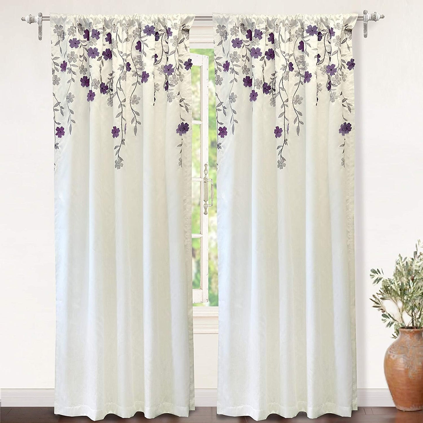 Driftaway Aubree Weeping Flower Print Thermal Room Darkening Privacy Window Curtain for Bedroom Living Room Rod Pocket 2 Panels 52 Inch by 84 Inch Blue  DriftAway One Panel Ivory Purple 50”X84” 