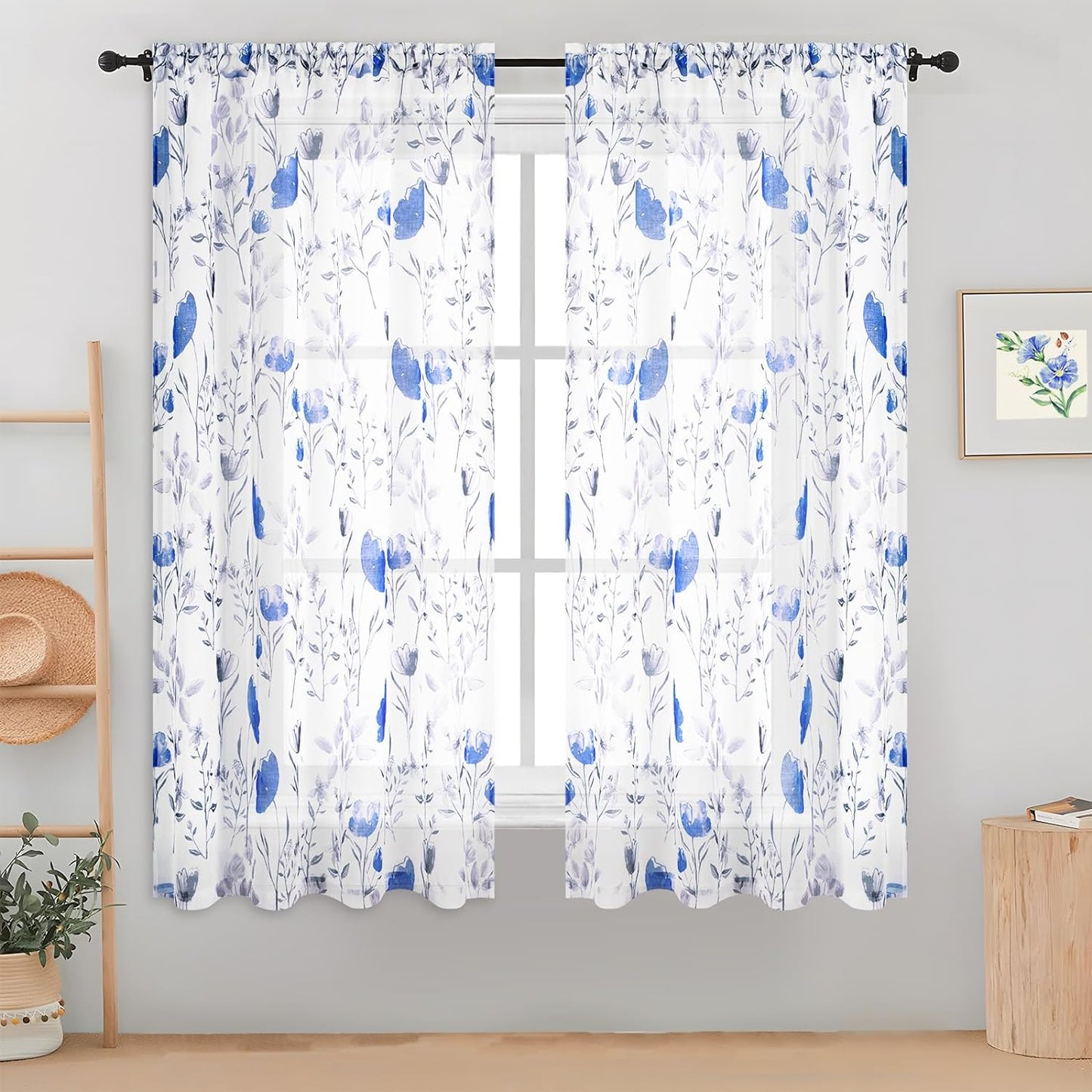 Likiyol Floral Kithchen Curtains 36 Inch Watercolor Flower Leaves Tier Curtains, Yellow and Gray Floral Cafe Curtains, Rod Pocket Small Window Curtain for Cafe Bathroom Bedroom Drapes  Likiyol Blue Sheer 63"L X 52"W 