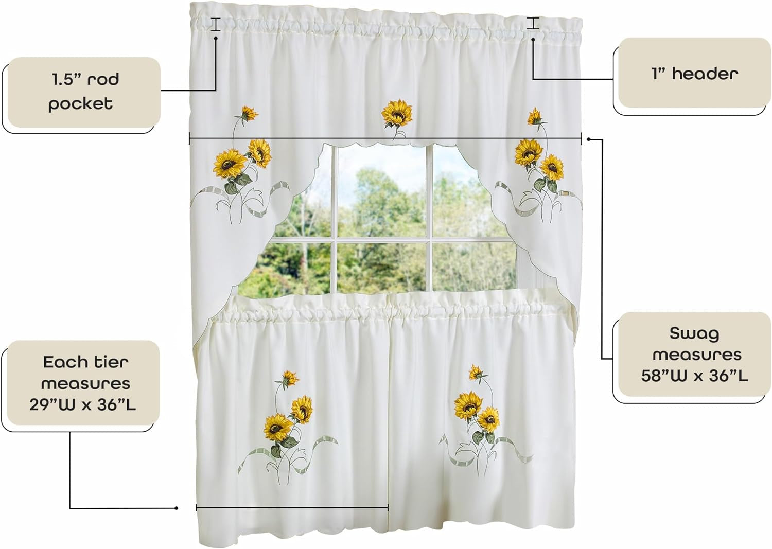 Embellished Tier and Swag Window Curtain Set - 58 Inch Width, 36 Inch Length - Sunshine- Light Filtering Polyester Drapes for Kitchen, Bedroom, Living & Dining Room by Achim Home Decor