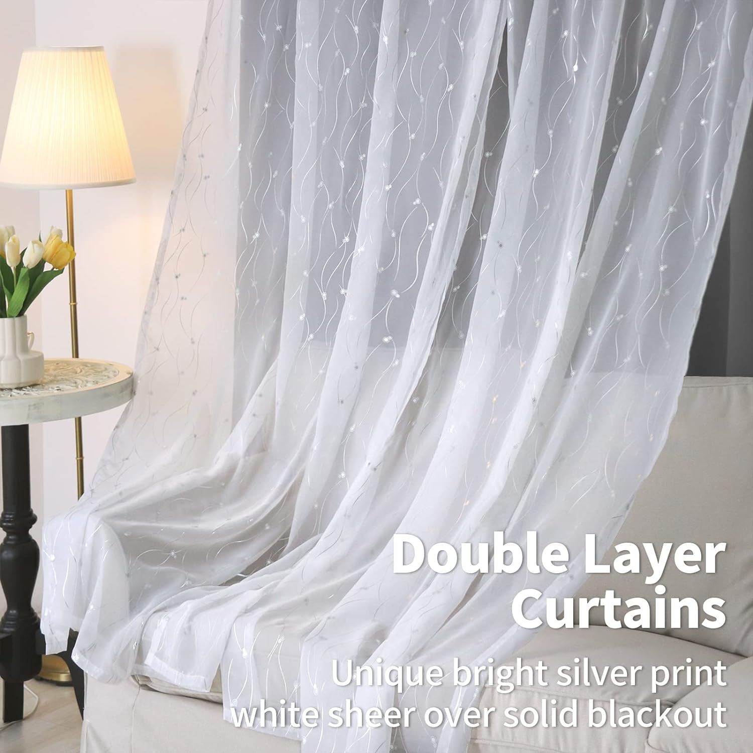 Bgment Grey Blackout Curtains with Sheer Overlay 84 Inches Long，Double Layer Silver Printed Kids Curtains Grommet Thermal Insulated Window Drapes for Living Room, 2 Panel, 52 X 84, Dark Grey  BGment   