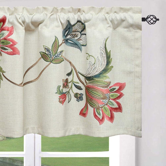 VOGOL Linen Valances for Living Room, Vintage Floral Valance for Bedroom, Rod Pocket Valance Curtains for Dining Room, 52''W X 18''L, One Panel, Flower Embroidery  YouYee W008C2  
