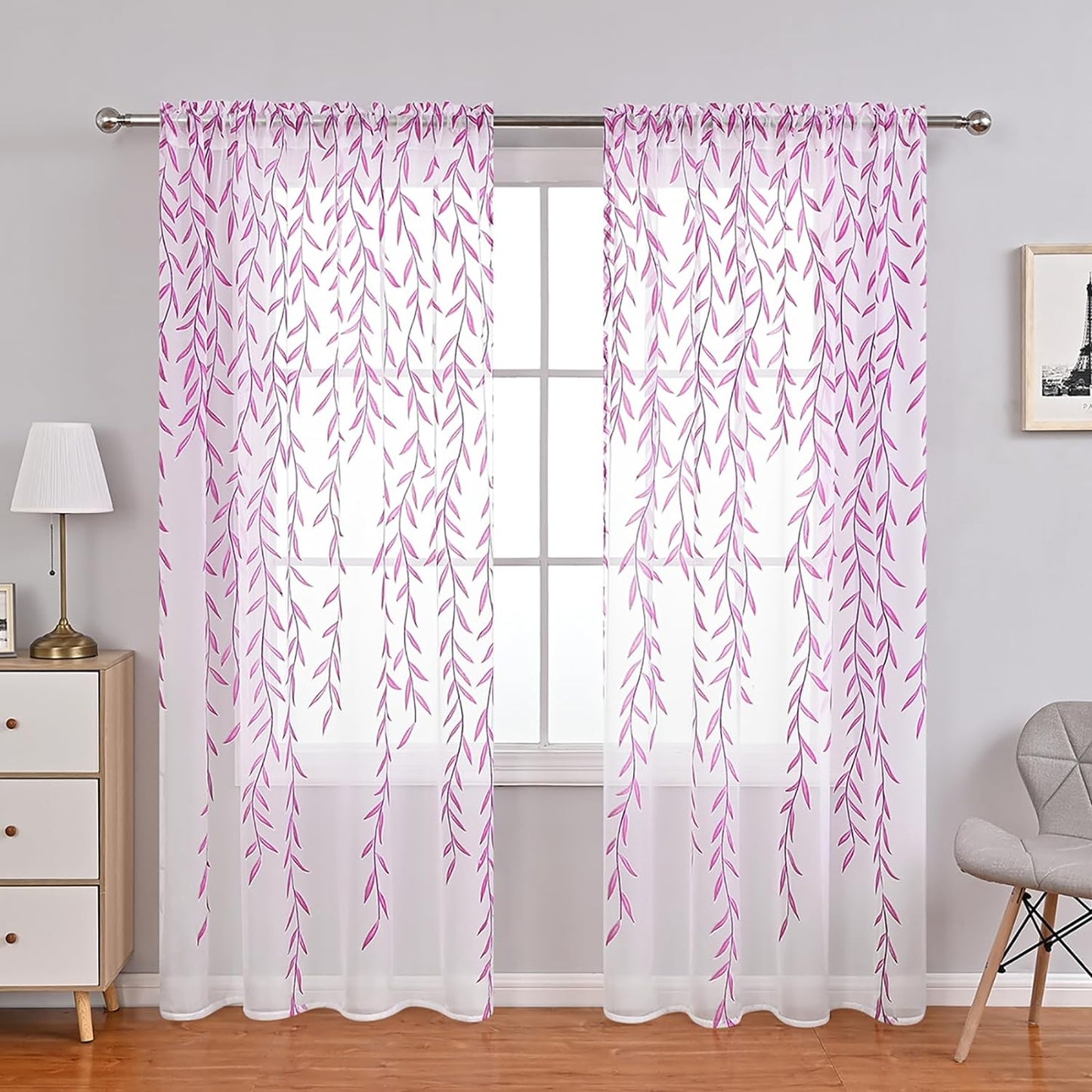 Ufurty Rely2016 Sunflower Window Curtain, 2PCS Sun Flower Floral Voile Sheer Curtain Panels Tulle Room Salix Leaf Sheer Gauze Curtain for Living Room, Bedroom, Balcony - Rod Pocket Top (100 X 200)  Rely2016 Purple 100*200Cm 