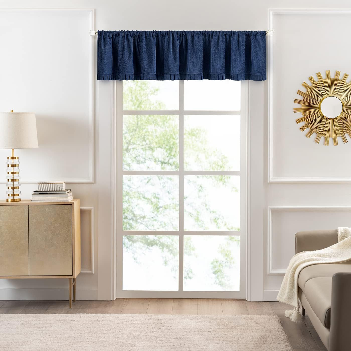 Woven Trends Semi Sheer Pinch Pleated Curtains, Solid Farmhouse and Modern Rustic Curtains, Chenille Cloth with Box Pleated Edges for Living Room, Bedroom, 52" W X 14" L, Navy Blue  Woven Trends   