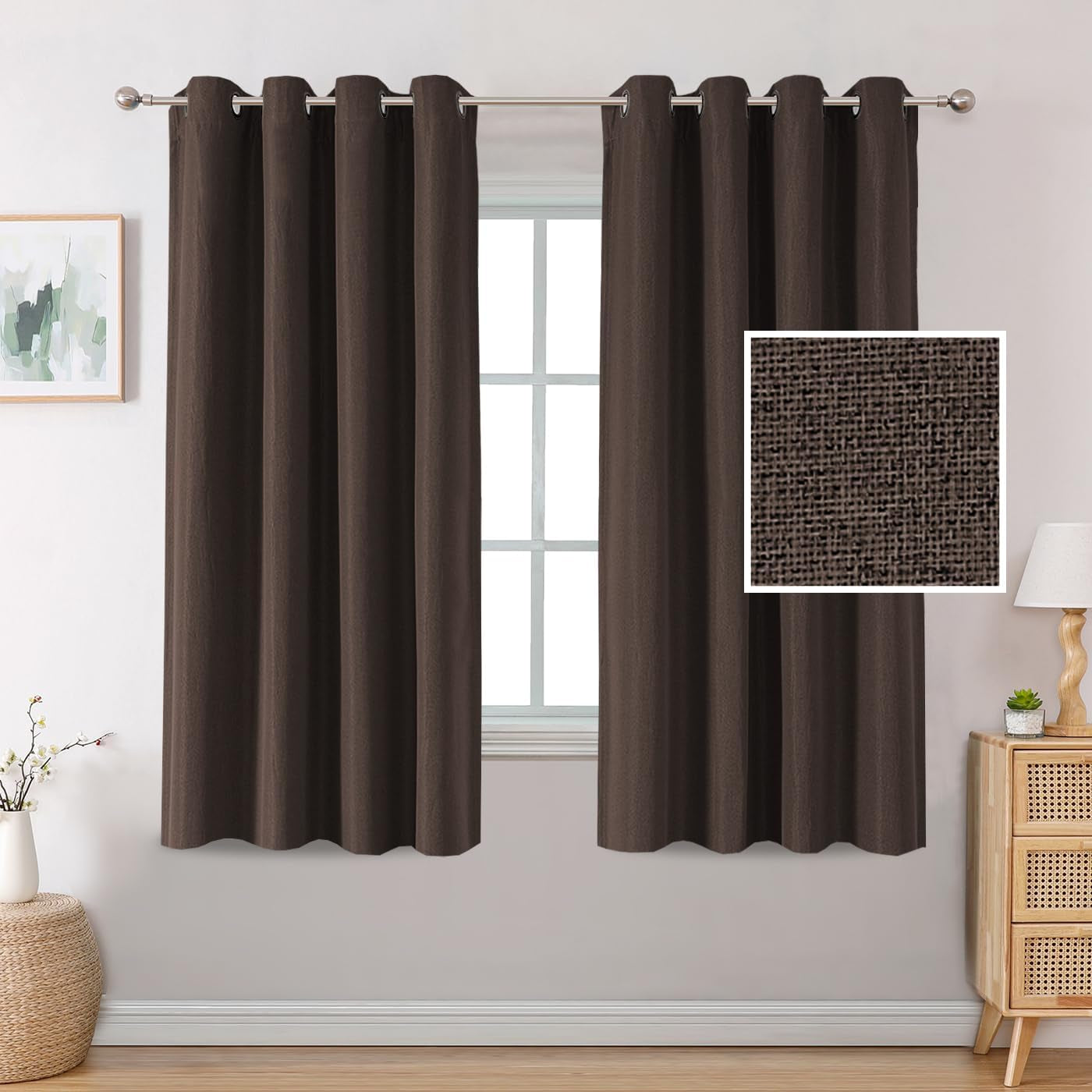 H.VERSAILTEX Linen Blackout Curtains 84 Inches Long Thermal Insulated Room Darkening Linen Curtains for Bedroom Textured Burlap Grommet Window Curtains for Living Room, Bluestone and Taupe, 2 Panels  H.VERSAILTEX Dark Brown 52"W X 63"L 