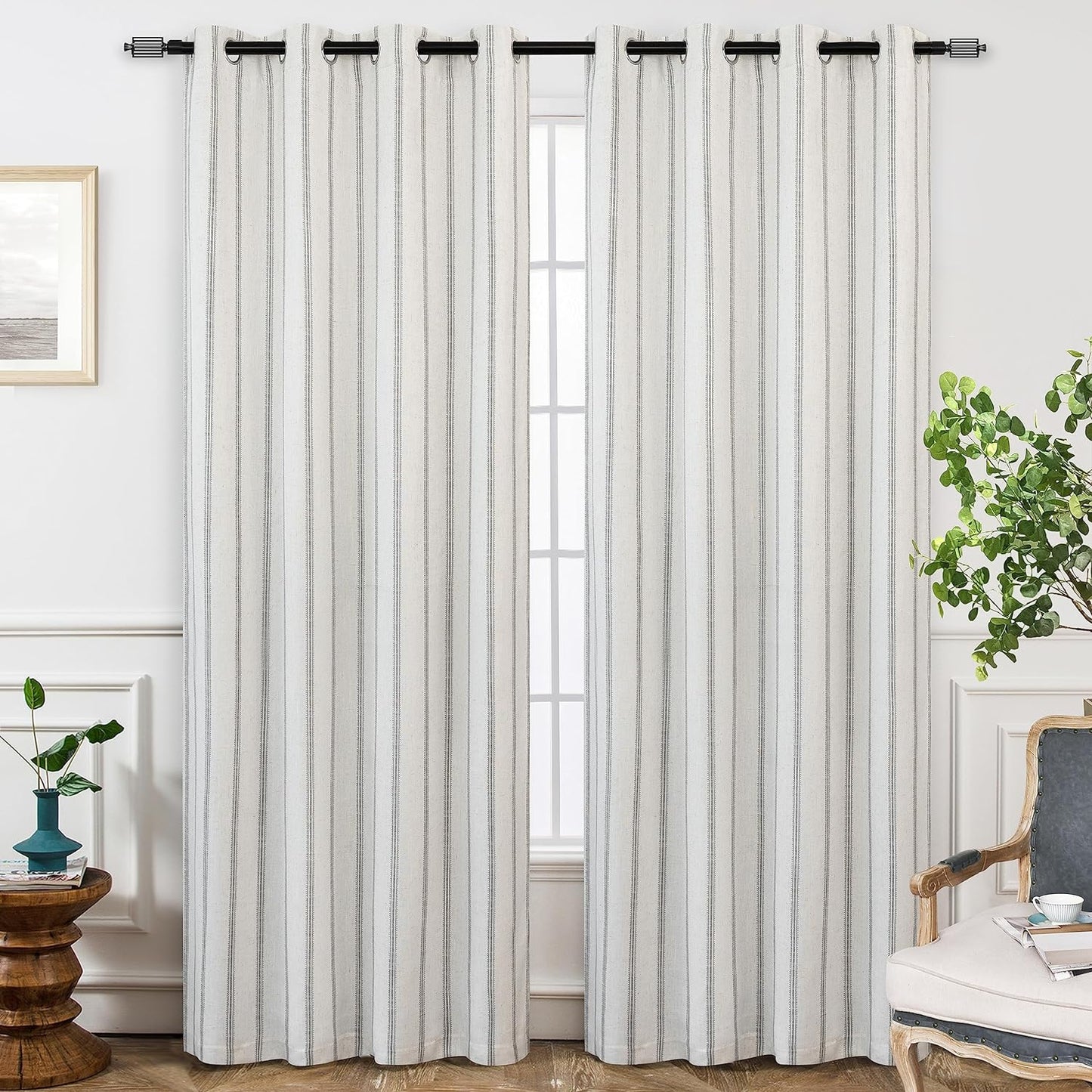 Driftaway Farmhouse Linen Blend Blackout Curtains 84 Inches Long for Bedroom Vertical Striped Printed Linen Curtains Thermal Insulated Grommet Lined Treatments for Living Room 2 Panels W52 X L84 Grey  DriftAway Grey 50"X102" 