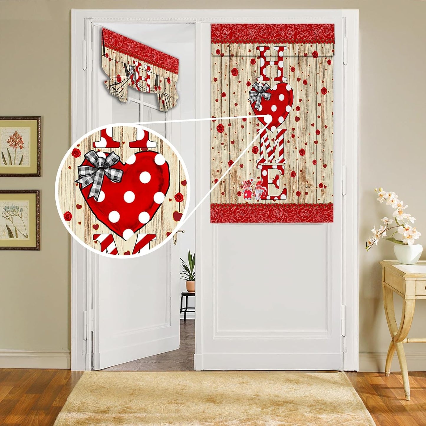 BEMIGO Door Curtains for Door Windows, Vintage Wooden Door Window Curtains for French Glass Door, Privacy Thermal Insulated Tie up Door Shades, Farmhouse Colorful Small Window Curtains 26 X 42 Inch  BEMIGO Red Valentine 42.00" X 26.00" 